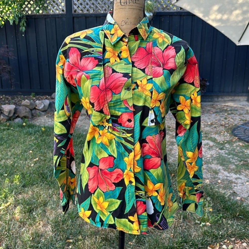 💚❤️💚Vintage Roper Hawaiian 🌺 floral top shirt cotton Toucan medium green red